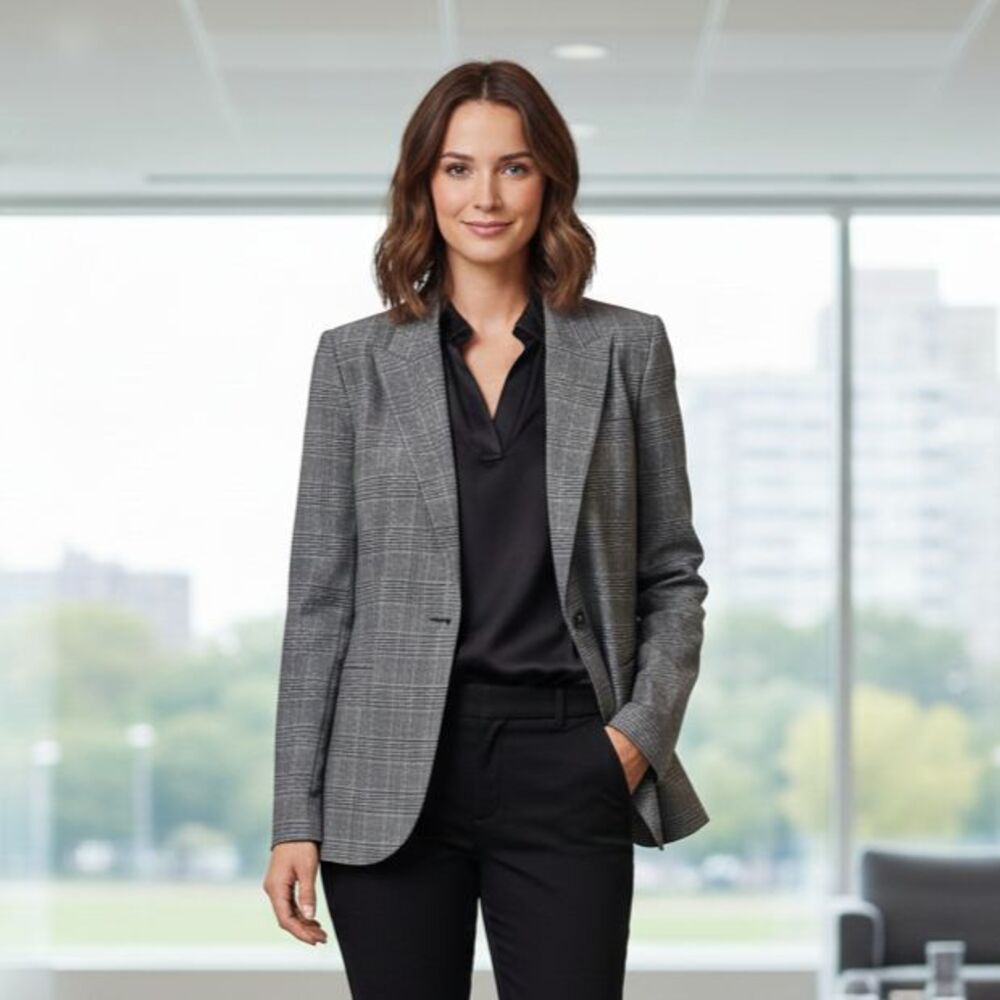 Norma Kamali Glen Plaid Blazer Jacket 14 Gray Black Single Button Office Career